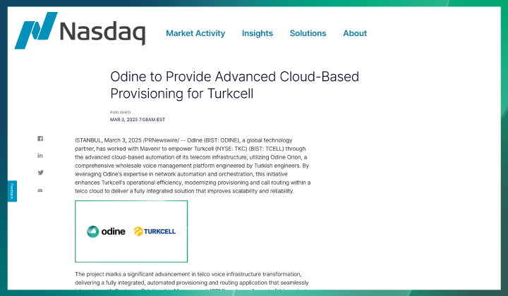 Odine to Provide Advanced Cloud-Based Provisioning for Turkcell